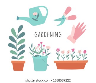 Cute set of gardening items. Plants, flowers, watering can, scissors, gloves. Cartoon vector illustration isolated on white background.