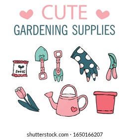 Cute set of gardening supplies in pink color.  Vector doodle style. 