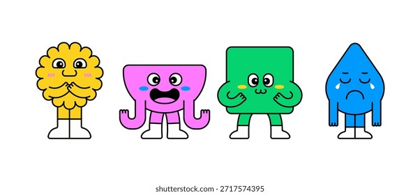 Bonito conjunto de personagens de desenhos geométricos mostrando diferentes emoções como feliz, excitado, tímido e triste. Ilustração colorida plana perfeita para desenhos infantis, conceitos de emoções, educação e adesivos.