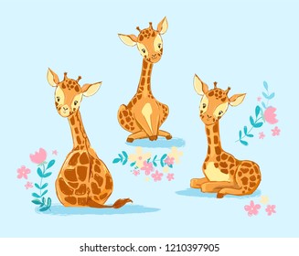 Cute Set Giraffe and flowers vector