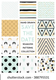 Cute set with gold, blue mint, black and white colored seamless patterns soft collection. Perfect for valentines day, birthday, save the date, wedding invitation.