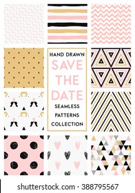 Cute set with gold, pink, black and white colored seamless patterns soft collection. Perfect for valentines day, birthday, save the date, wedding invitation.