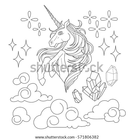 Cute Set Of Graphic Unicorn Fantasy Clouds And Crystals Coloring Book Page Design For