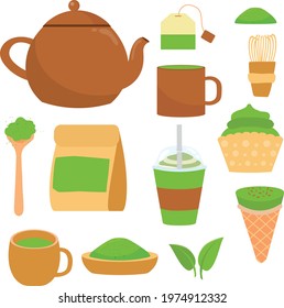 Cute set of green tea matcha clipart