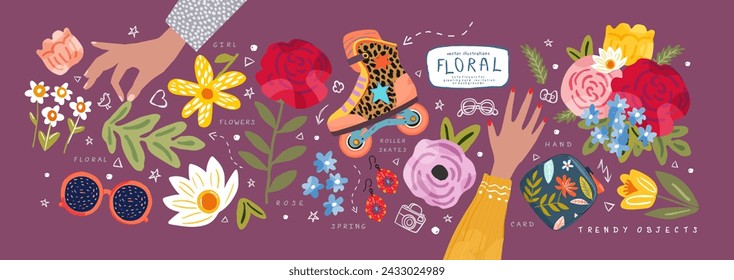 Cute set for greeting card. Vector modern trend illustration of bright flowers, plants, leaves,  roller skates, hands, peony, rose for invitation, poster, card, flyer, background