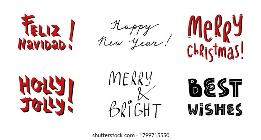 Cute set of greeting lettering Merry Christmas on English and Spanish, Happy New Year, Holly Jolly, best wishes and other hand drawn text. 