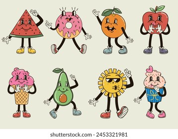 A cute set with groovy characters expressing funny emotions vector illustration