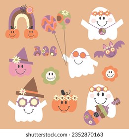 A cute set of Groovy Ghost vector illustrations.
Features halloween ghosts, pumpkins and rainbows  with  hippie elements.
Perfect for halloween crafts and projects.

