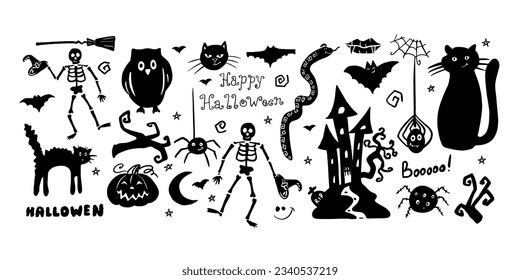 Cute set of halloween clipart in doodle style. Funny, cute illustration for design, decoration kids playroom, textile or greeting card.  Hand drawn. Vector illustration EPS10