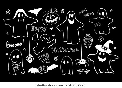Cute set of halloween clipart in doodle style. Funny, cartoon illustration for design, decoration kids playroom, textile or greeting card.  Hand drawn. Vector illustration EPS10. Isolated on black