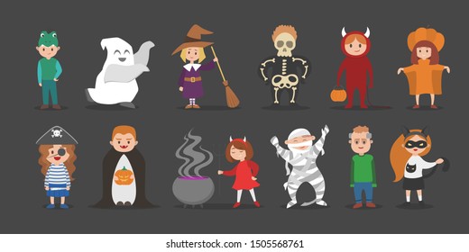 Cute set of halloween costumes for children. Cat and witch, vampire and pirate characters. Funny clothing for party. Isolated flat illustration