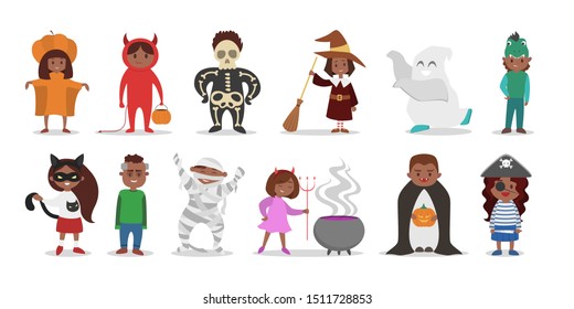 Cute set of halloween costumes for children. Cat and witch, vampire and pirate characters. Funny clothing for party. Isolated flat illustration