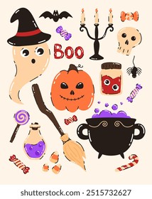 Lindo conjunto de Elementos de Halloween. Sombrero de bombín, fantasma, calabaza, velas, dulces, araña, cráneo. Ilustración vectorial plana.