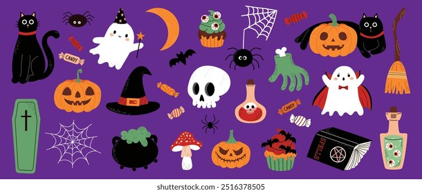 Cute set of Halloween elements. Ghosts, black cat, pumpkins, potion, candy. Child Collection for Halloween celebration. Vector illustration in the hand drawn style on purple isolated background. 