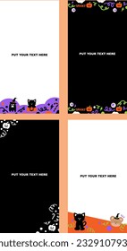 Cute set of Halloween frames, banners, wallpapers, backgrounds, backdrops, ad templates, social media posts, print, posters. Halloween pumpkin, black cat, ghost, skull and abstract doodles on them.