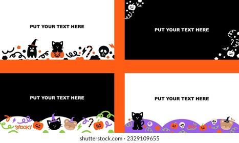 Cute set of Halloween frames, banners, wallpapers, backgrounds, backdrops, ad templates, social media posts, print, posters. Halloween pumpkin, black cat, ghost, skull and abstract doodles on them.
