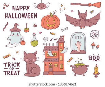 Cute set Halloween illustrations. Funny cartoon doodle hand drawn. Kawaii style. Vector illustration.