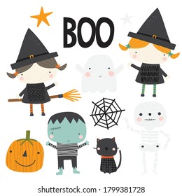Cute set of Halloween illustrations, witches, skeleton, frankenstein, ghost and other halloween elements.