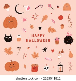 cute set of halloween vector illustration prints stickers - happy halloween