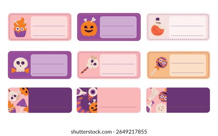 A cute set of Halloween-themed name tags featuring pumpkins, ghosts, candy, and monsters. Ideal for labeling, party favors, planners, or bookmarks