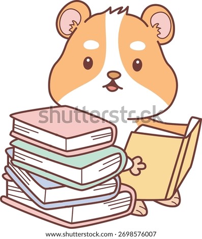 Cute set of hamster sticker with activity. Orange and white colors. Hamster reading a book