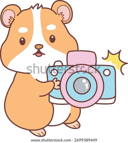 Cute set of hamster sticker with activity. Orange and white colors. Hamster click the camera