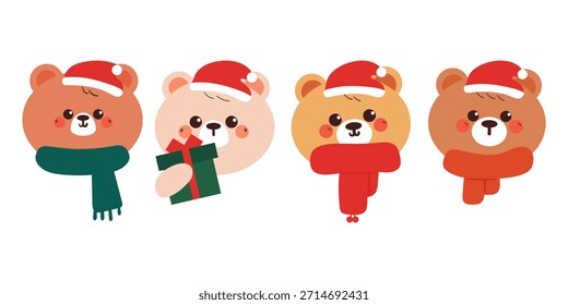 bonito conjunto de mão desenho desenho desenho desenho desenho animado cabeça de urso com elemento de Natal e inverno para autocolantes