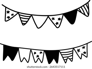 Cute set hand drawn 4th of july usa america independence day triangle stars and stripes pattern doodle bunting flag garland black white patriotic theme vector birthday illustration design clipart