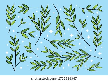 Cute set of hand drawn branches and leaves of bushes and trees in a cartoon minimalist style. Aesthetic collection of plant icons on blue background. Ideal for decorating and framing flyers, greeting cards, stickers, posters, invitations, social media, scrapbooking, packaging, wedding decor, seasonal holiday branding.