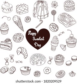 Cute set of hand drawn cartoon sweets isolated on white background.