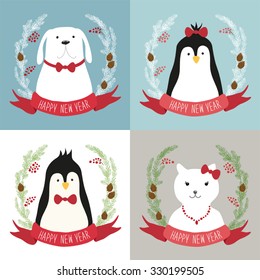 Cute set of hand drawn Christmas symbols as festive wreathes with penguins,cat and dog with hand written text  for your decoration