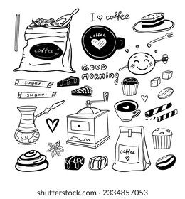 Cute set of hand drawn coffee theme elements in doodle style. Vector illustration EPS10. Isolated on white background