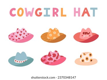 Cute set of hand drawn cowgirl hats. Sheriff girl hat with hearts, cow, flower print in cowboy and western theme. Simple doodle collection for horse ranch and wild west style isolated on white.