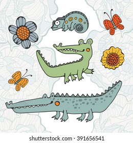 Cute set of hand drawn crocodiles
