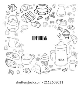 Cute set of hand drawn cups of tea and coffee . Doodle elements with coffee and tea elements