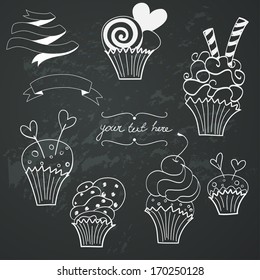 Cute set of hand drawn doodle cupcakes and ribbon banners on chalkboard background.