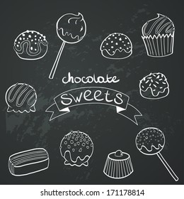 Cute set of hand drawn doodle chocolate sweets on chalkboard background. Cartoon candy collection.