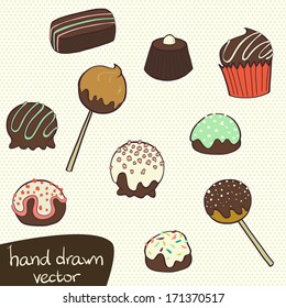 Cute set of hand drawn doodle chocolate sweets on polka dot background. Cartoon candy collection.