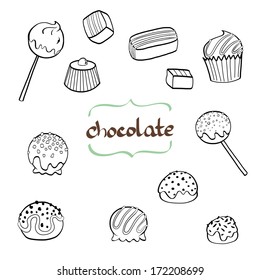 Cute set of hand drawn doodle chocolate sweets isolated on white background. Cartoon candy collection.