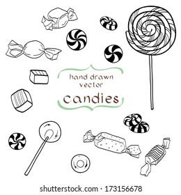 Cute set of hand drawn doodle sweets isolated on white background. Cartoon candy collection.