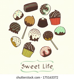 Cute set of hand drawn doodle chocolate sweets on polka dot background. Cartoon chocolate candy collection.