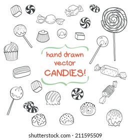 Cute set of hand drawn doodle sweets isolated on white background. Cartoon candy collection.