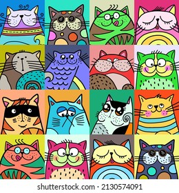 Ein süßer Satz handgezeichneter Doodle-Katze-Portraits, die einen gefliesten Mosaikhintergrund bilden.
