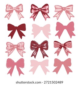 Un lindo conjunto de garabatos dibujados a mano de color rosa y arcos rojos. Ilustraciones vectoriales de San Valentín.