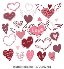 Um bonito conjunto de mão desenhada rabisca corações cor-de-rosa e vermelhos. Dia dos Namorados ilustrações vetoriais.