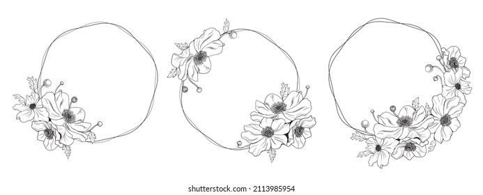 Cute set of hand drawn floral frames. Doodle plant vector illustration for wedding design, logo and greeting card. Isolated on white background.