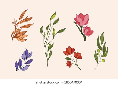 Cute set of hand drawn flowers and leaves 