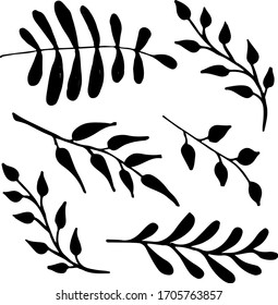 Cute set of hand drawn forest leaves and branches. Traditional leaves in ink, doodle style for wedding decoration and arrangements.