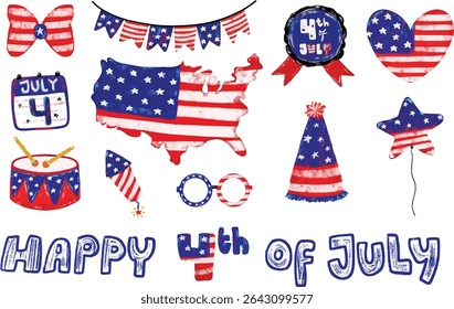 Cute set hand drawn happy 4th of july united states of America national independence day flag pattern patriotic theme elements doodle grunge brush watercolor crayon illustration clipart collection