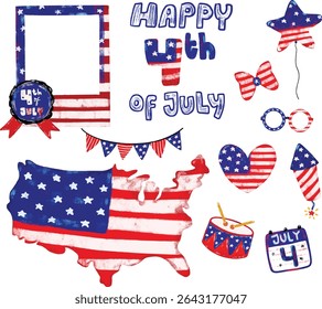 Cute set hand drawn happy 4th of july united states of America national independence day flag pattern patriotic theme elements doodle grunge brush watercolor crayon illustration clipart collection